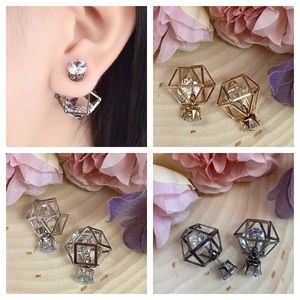 Unique Geometric Double Stud Crystal Diamond Earrings